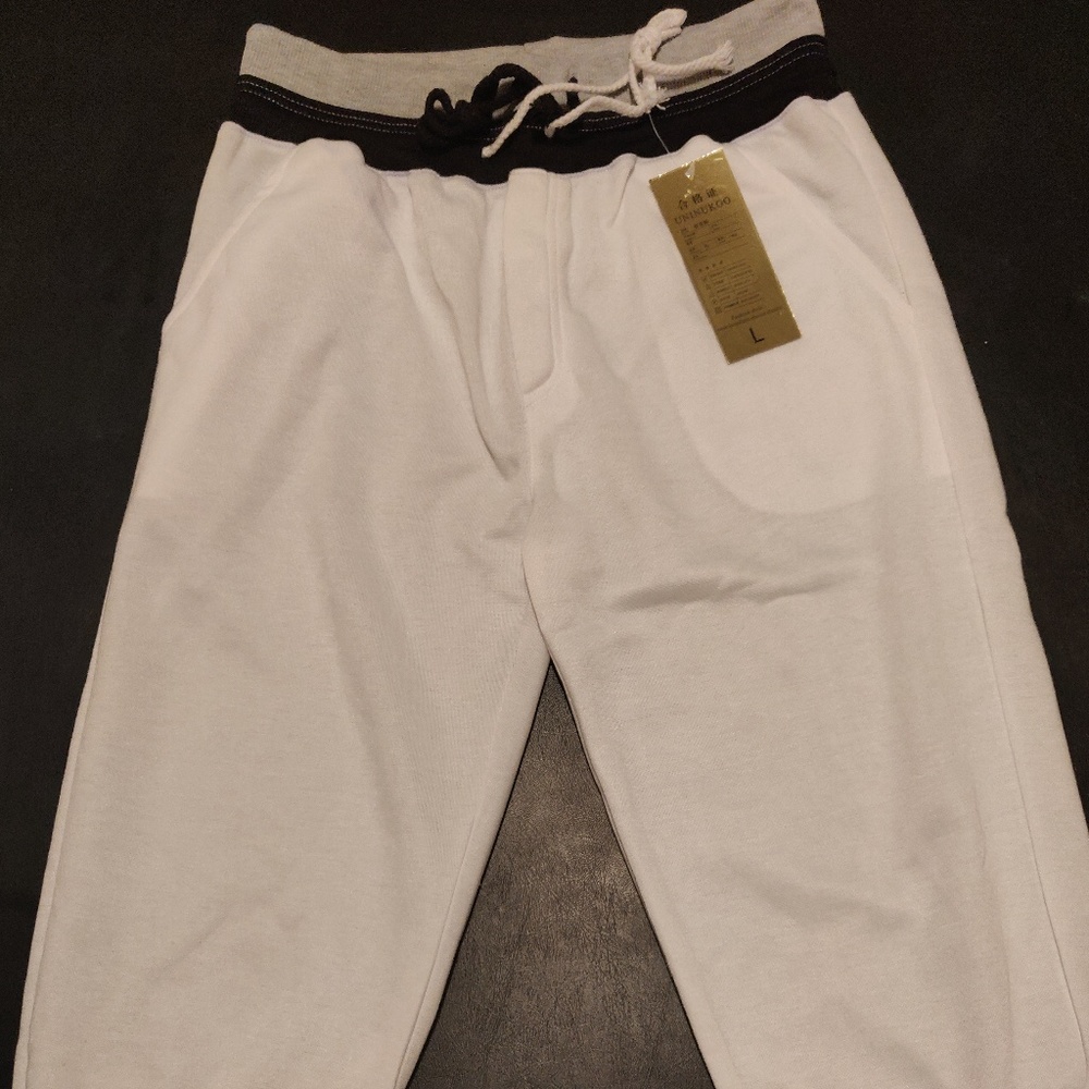 Mens Casual White Jogger Trouser Pants w/ 2 Ties